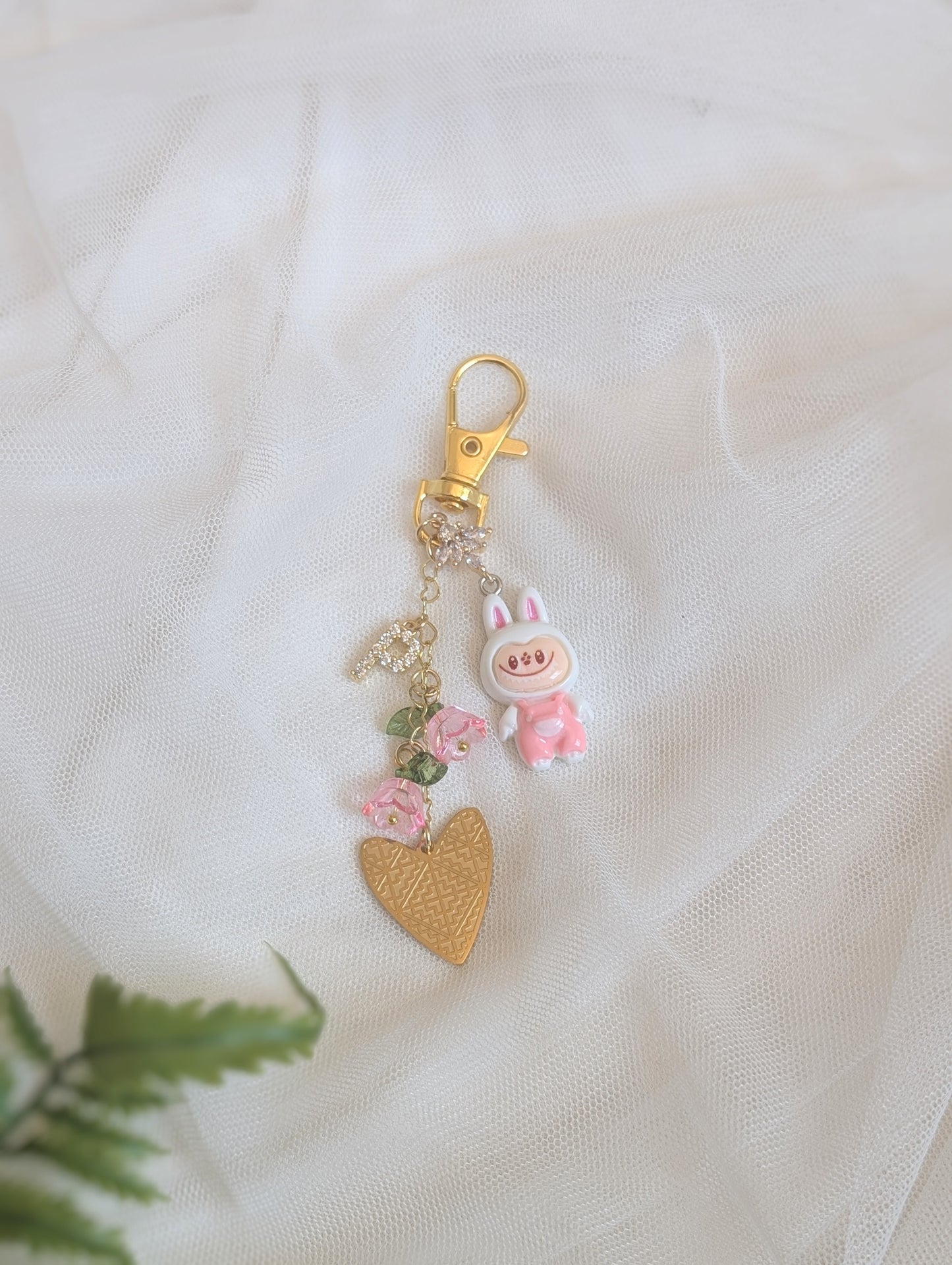 White & Pink Labubu Initial Charm Keychain