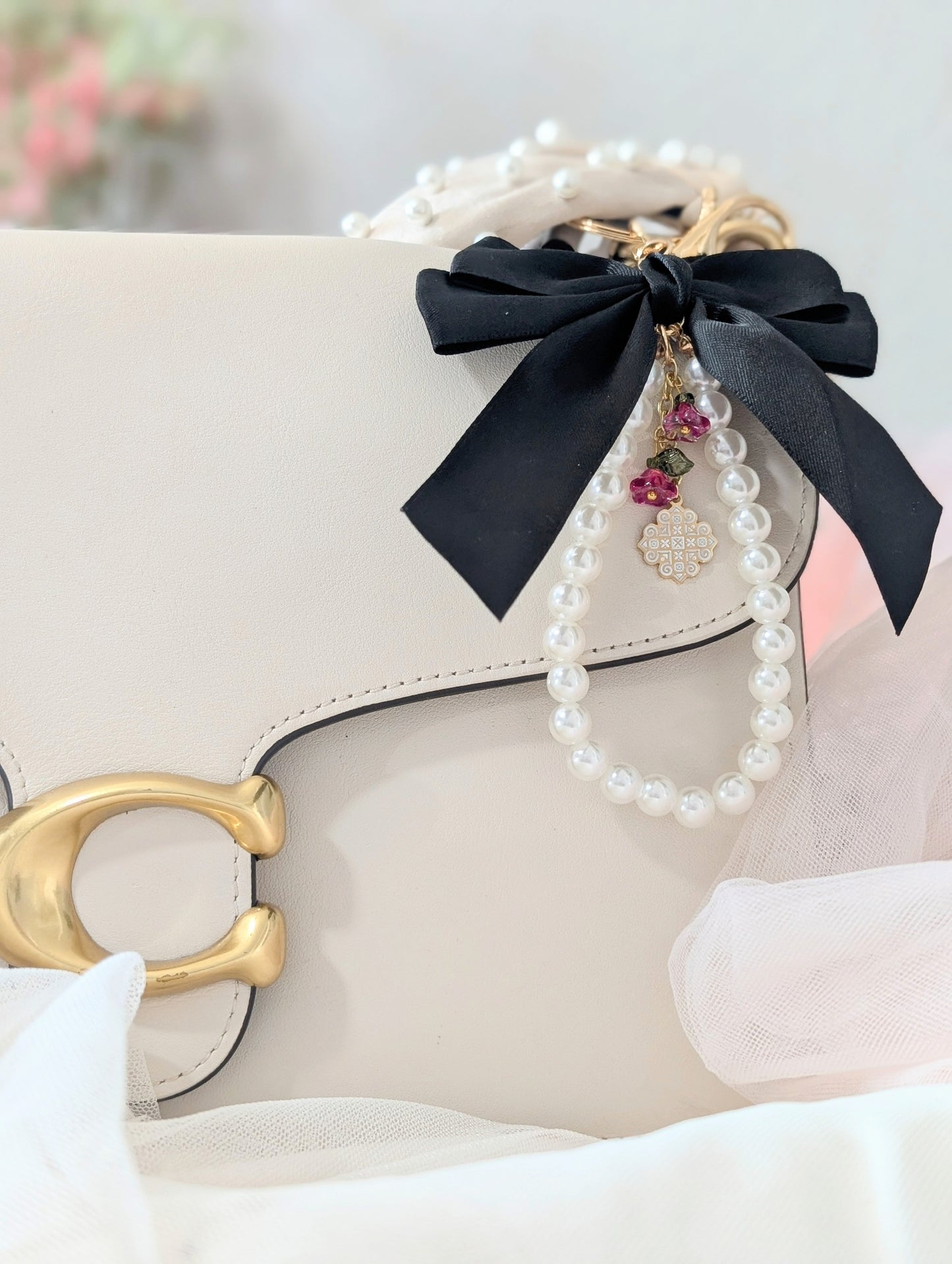 Black Floral XO Keychain Bag Charm