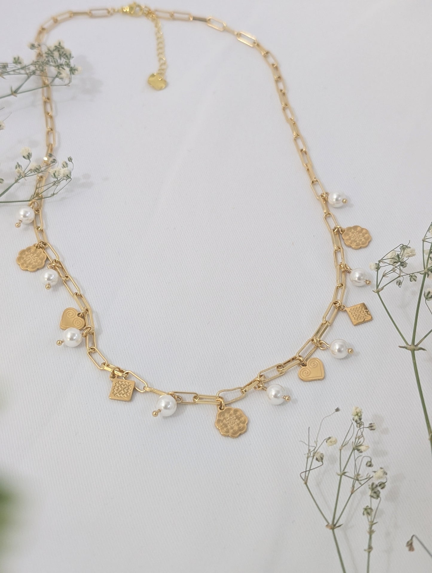 Natural Pearls Paperclip Charmed Necklace