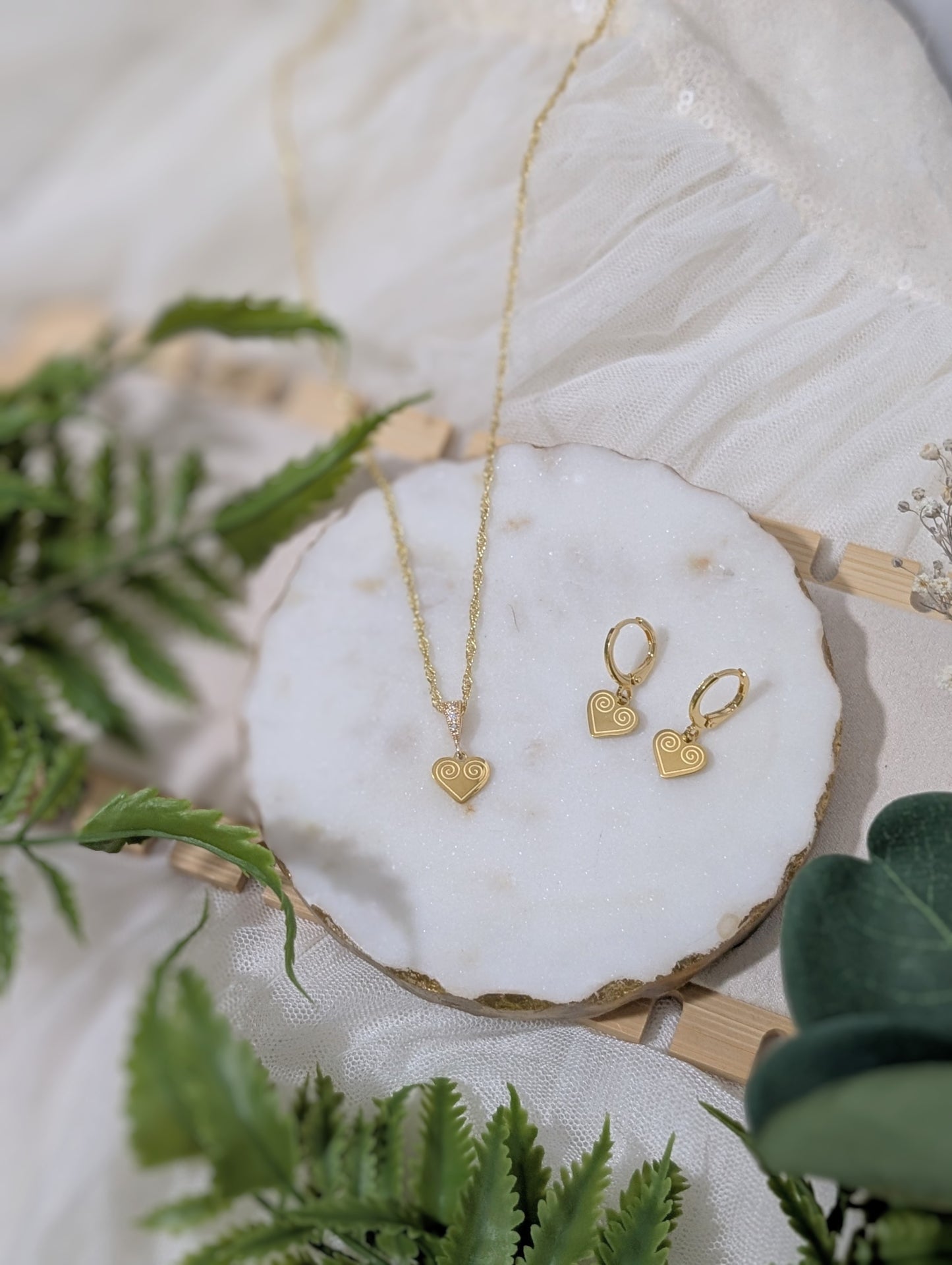 Dainty Gold Heart Necklace and Earrings