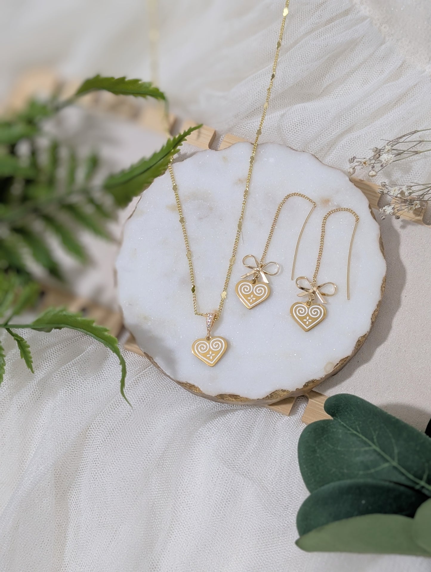 Gold White Heart Necklace and Thread Earrings