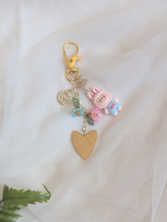 Peach Cotton Candy Labubu Initial Charm Keychain