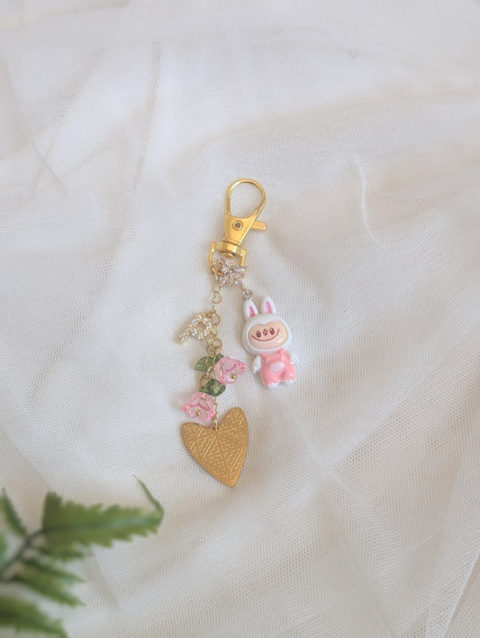 White & Pink Labubu Initial Charm Keychain