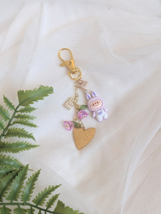 Purple Labubu Initial Charm Keychain