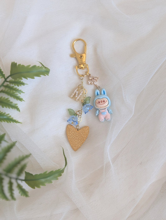 Blue Labubu Initial Charm Keychain