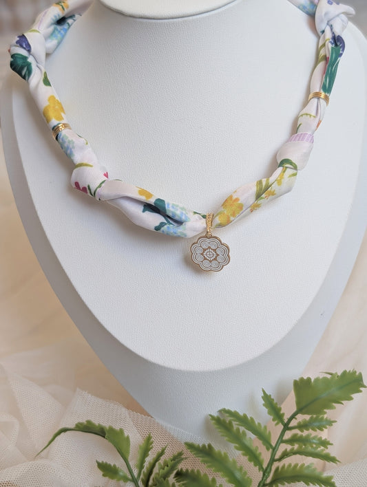 White Floral Hmong Scarf Necklace