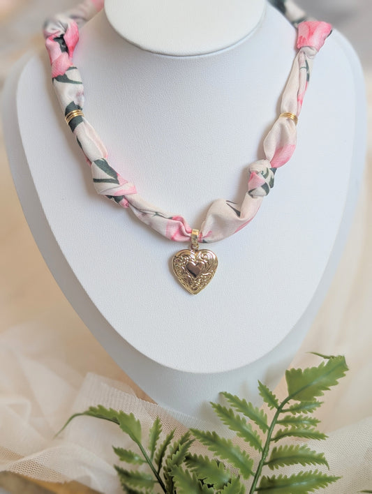 Pink Heart Locket Scarf Necklace