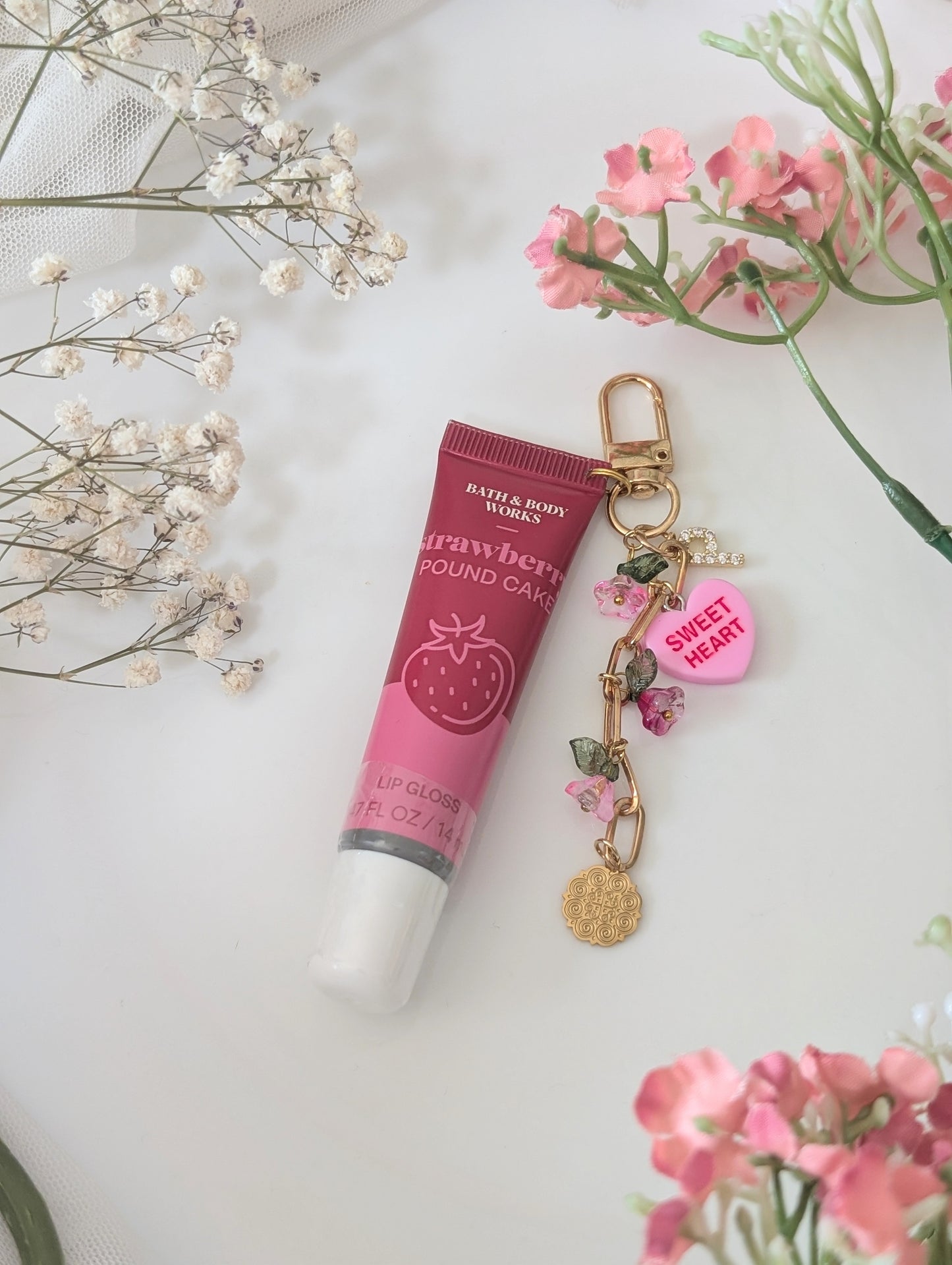 Pink Valentine Strawberry Initial Lip Gloss Keychain