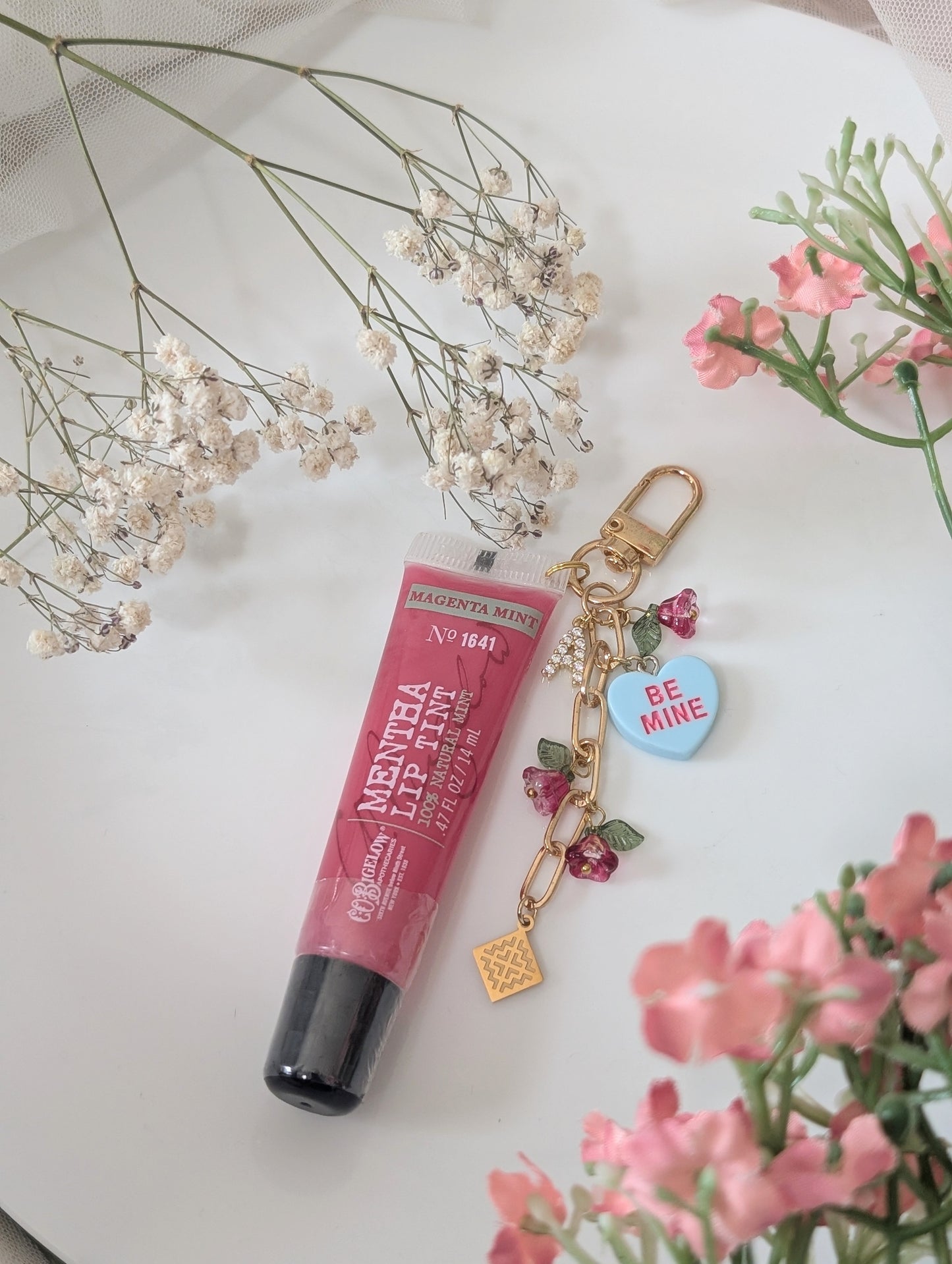 Blue & Pink Valentine Magenta Mint Initial Lip Gloss Keychain