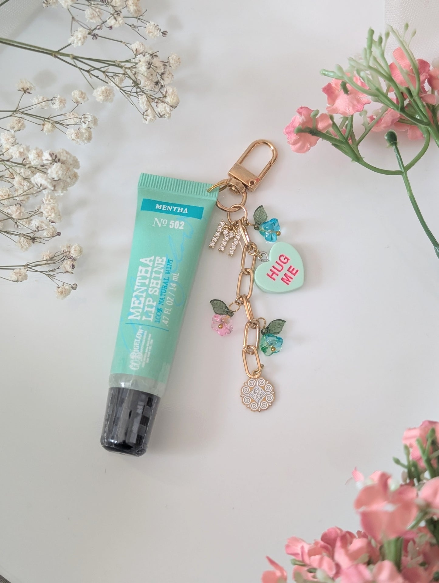 Teal Valentine Mentha Initial Lip Gloss Keychain