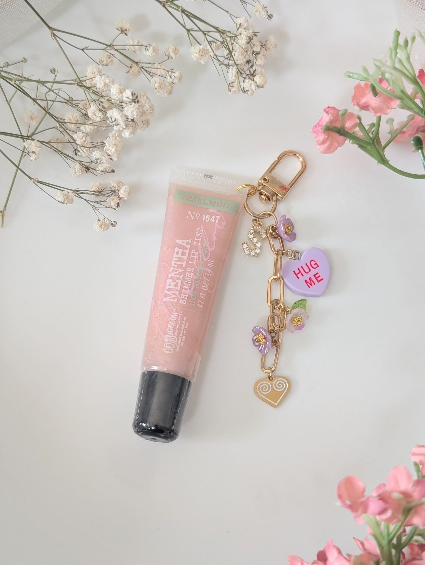 Lavendar Valentine Pearl Mint Initial Lip Gloss Keychain