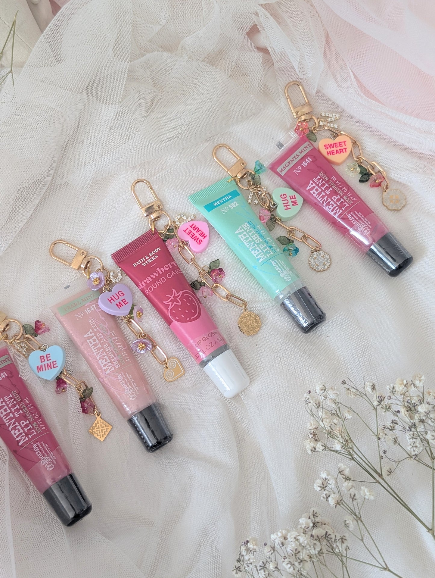 Blue & Pink Valentine Magenta Mint Initial Lip Gloss Keychain