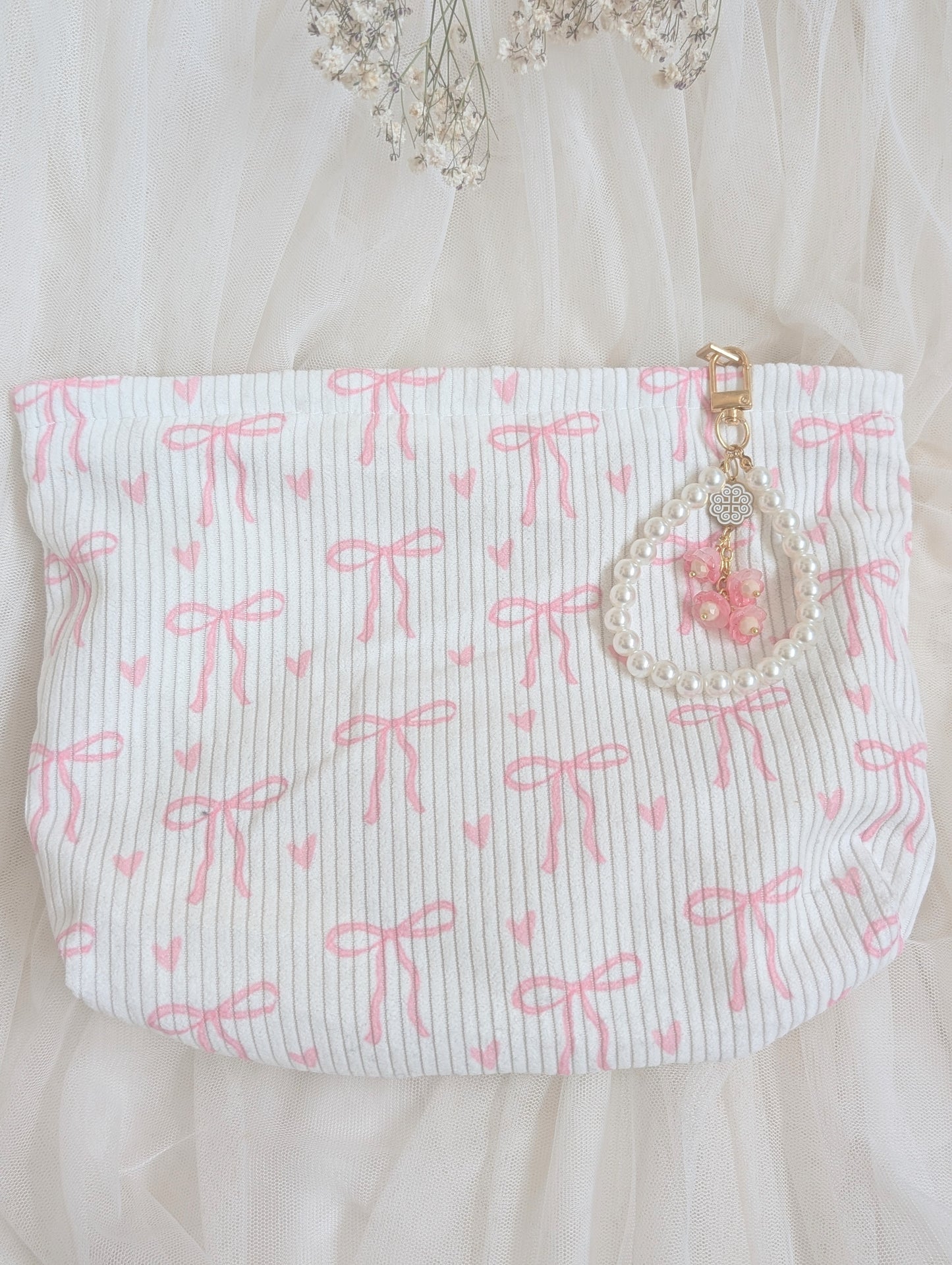 Pink Bows Cosmetic Bag Floral Keychain