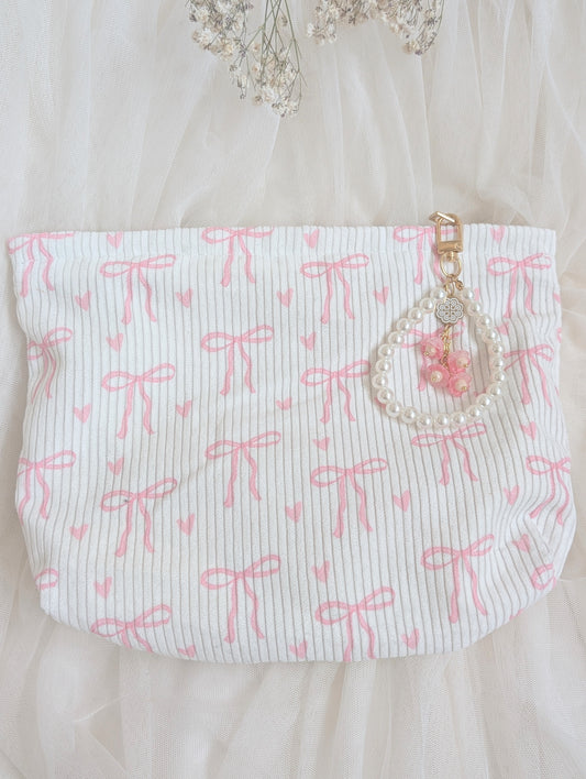 Pink Bows Cosmetic Bag Floral Keychain