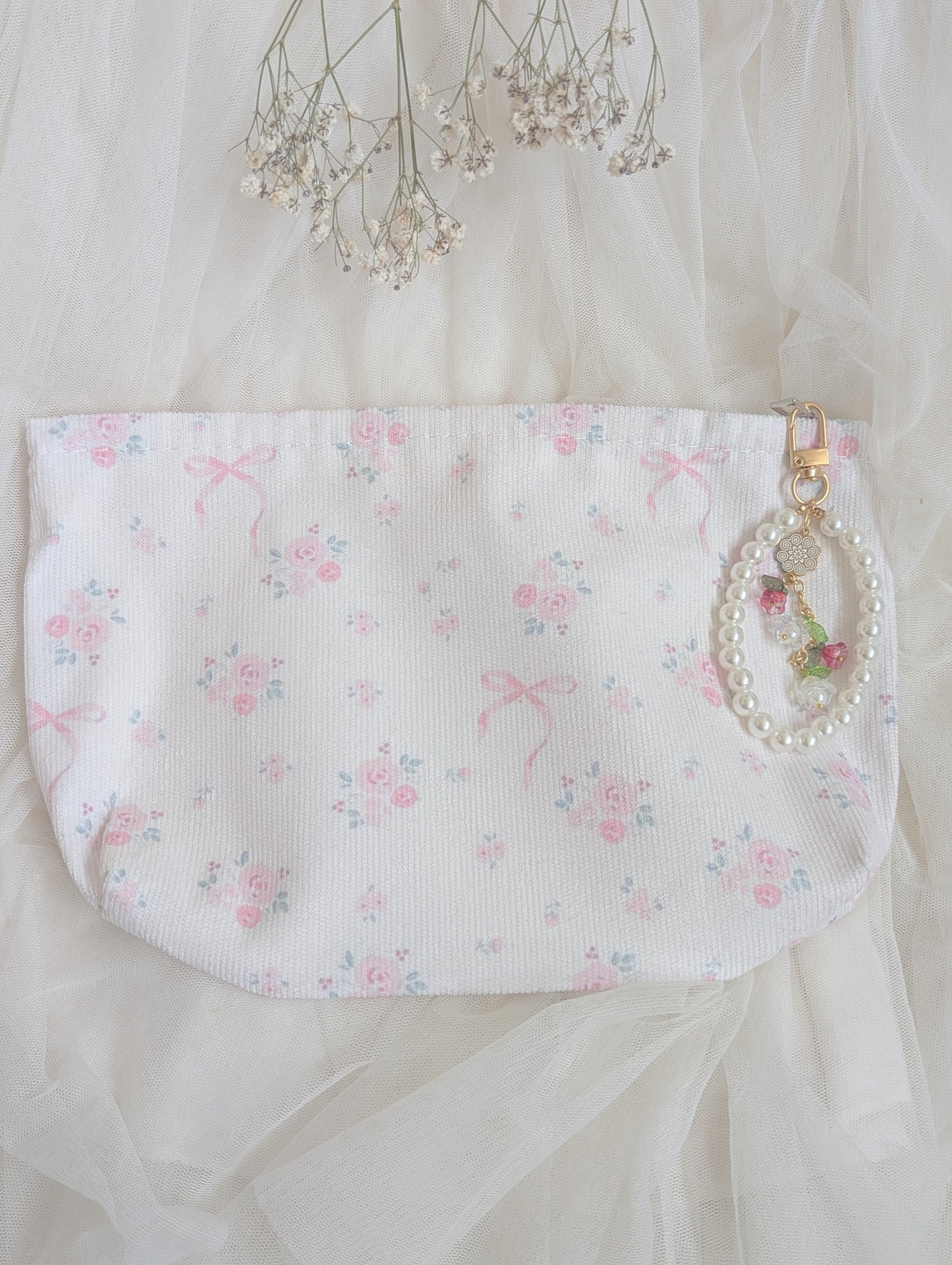 Pink Flowers Cosmetic Bag Floral Keychain