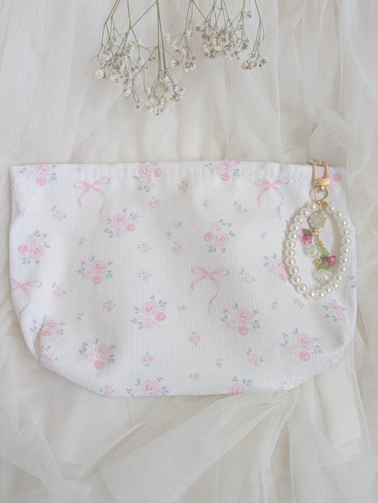 Pink Flowers Cosmetic Bag Floral Keychain