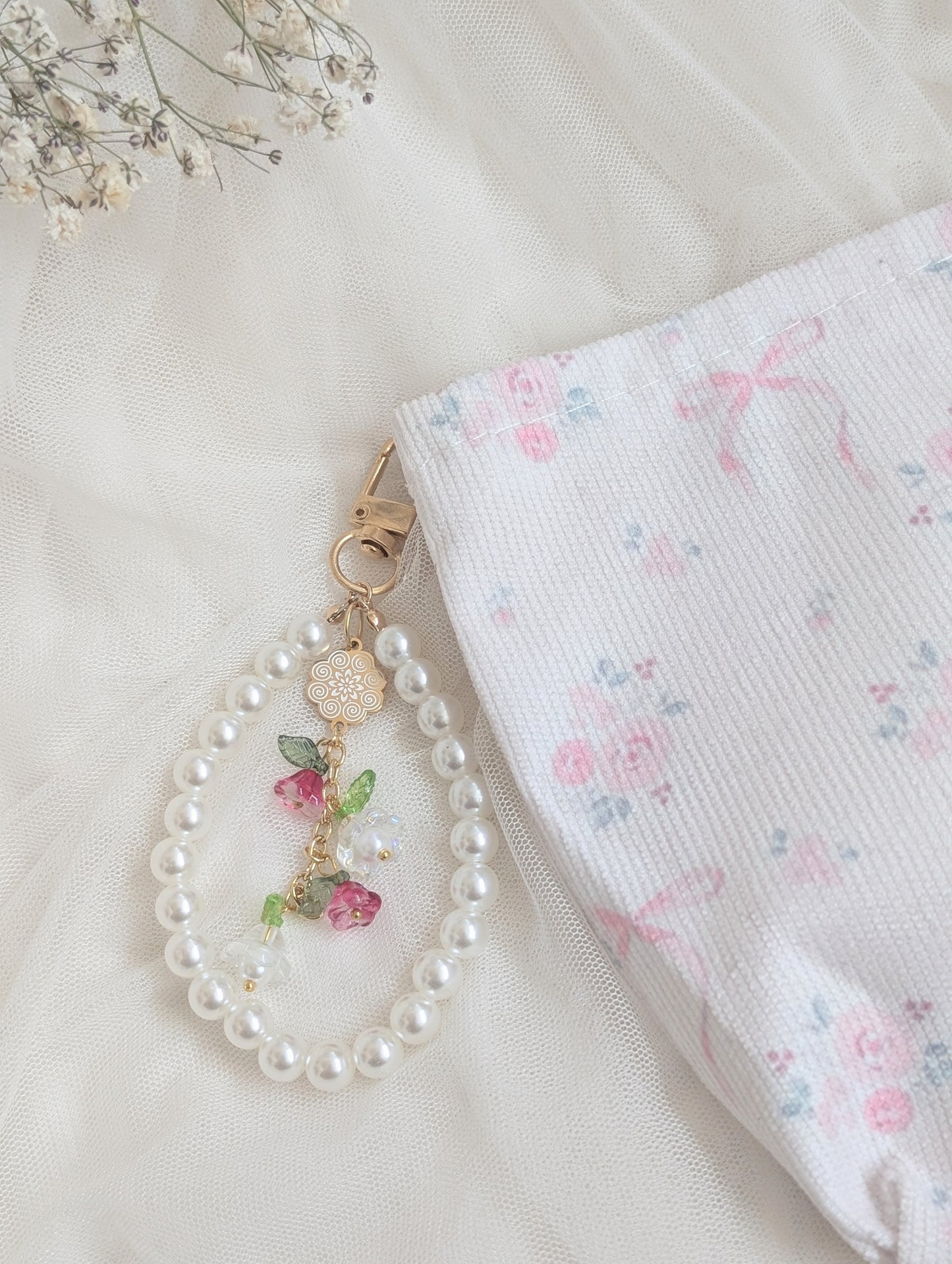 Pink Flowers Cosmetic Bag Floral Keychain