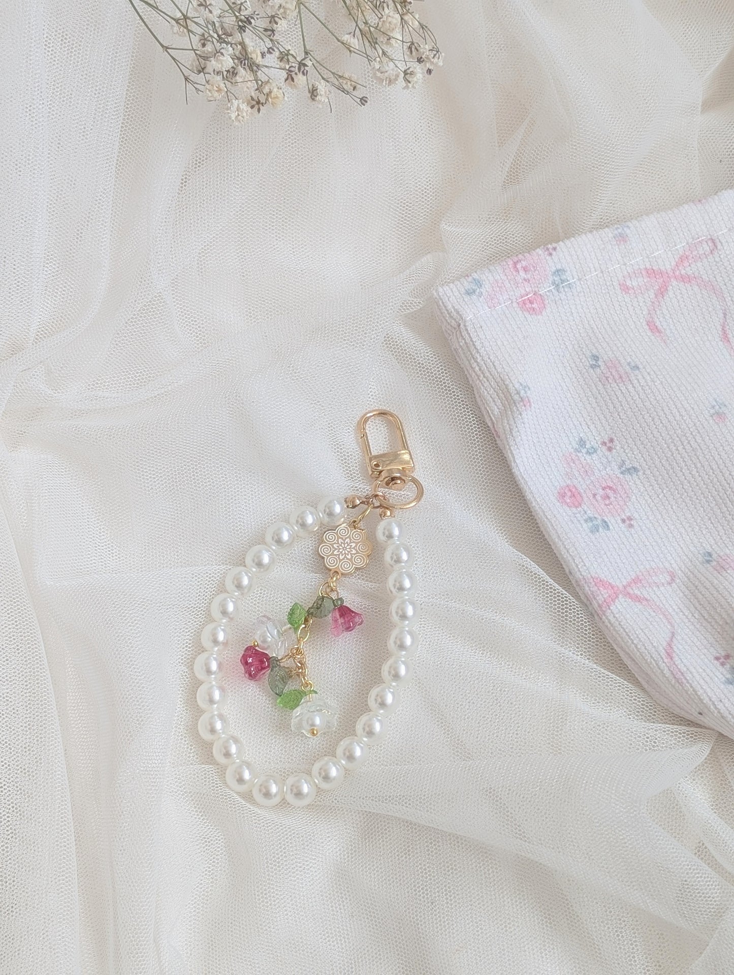 Pink Flowers Cosmetic Bag Floral Keychain