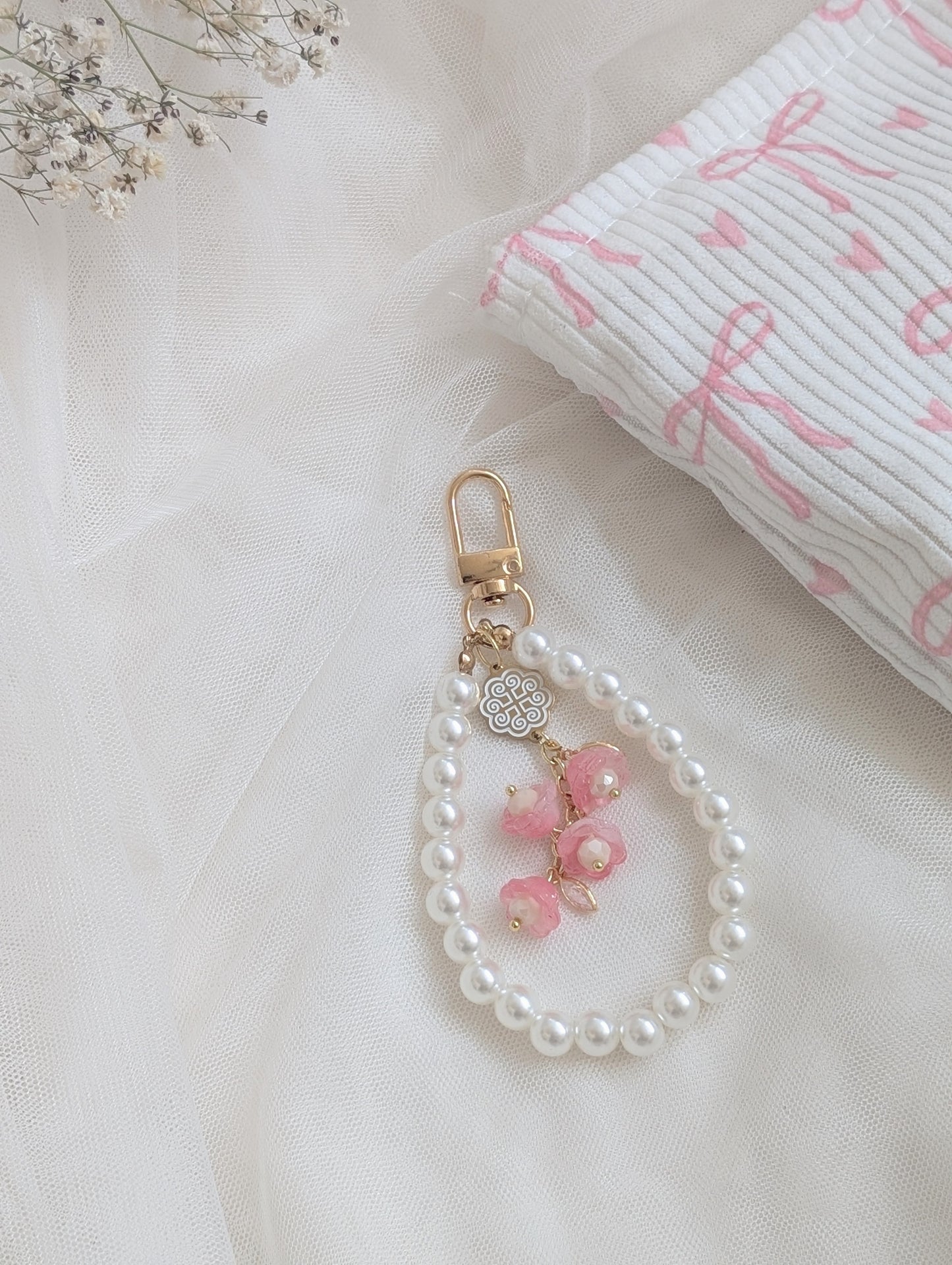 Pink Bows Cosmetic Bag Floral Keychain