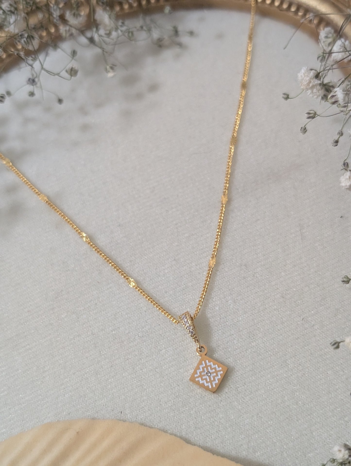 White Paj Ntaub Gem Necklace