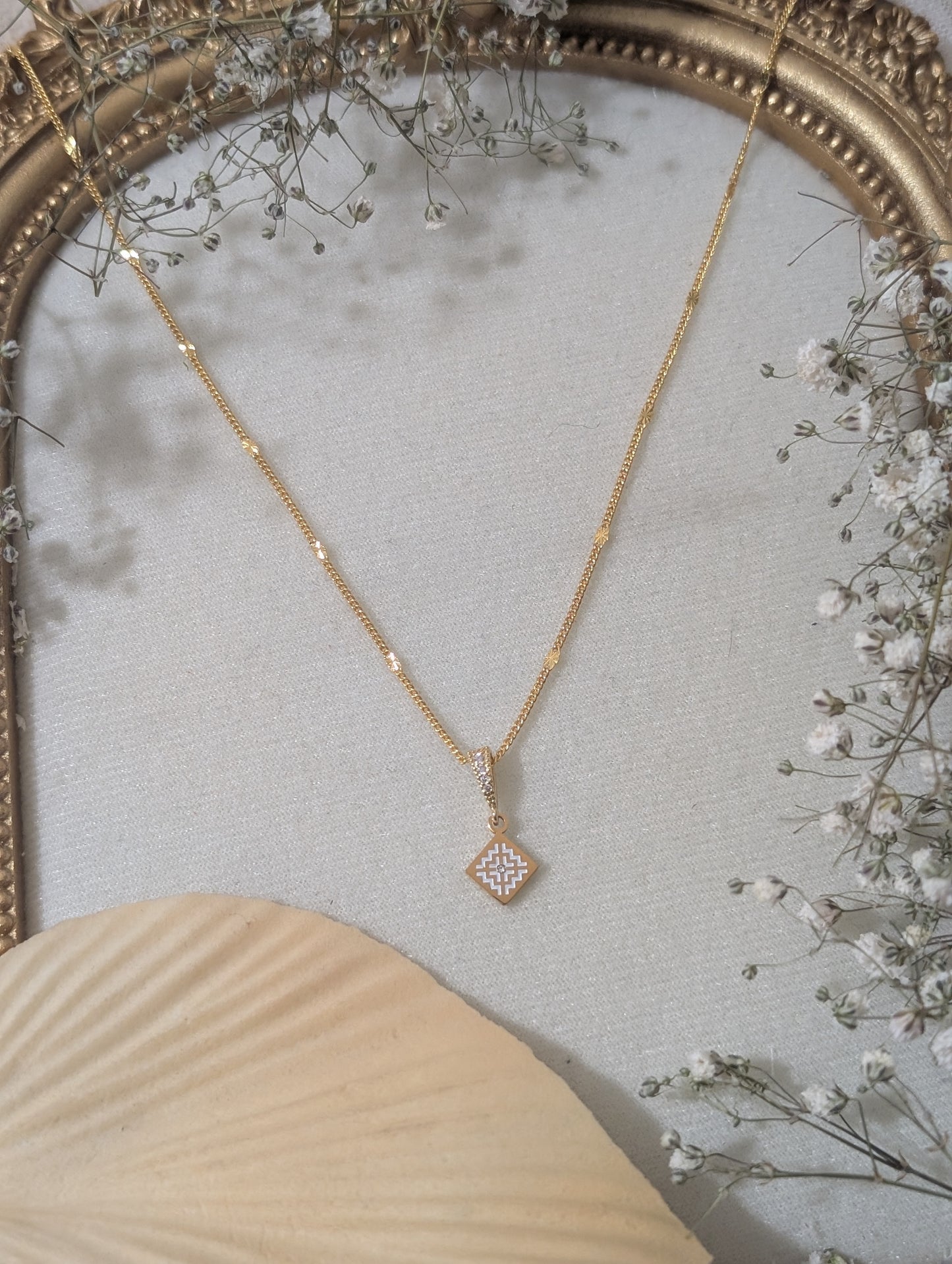 White Paj Ntaub Gem Necklace